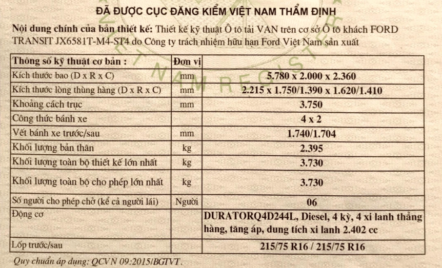 Ford Transit Tải Van 6 Chỗ 945Kg